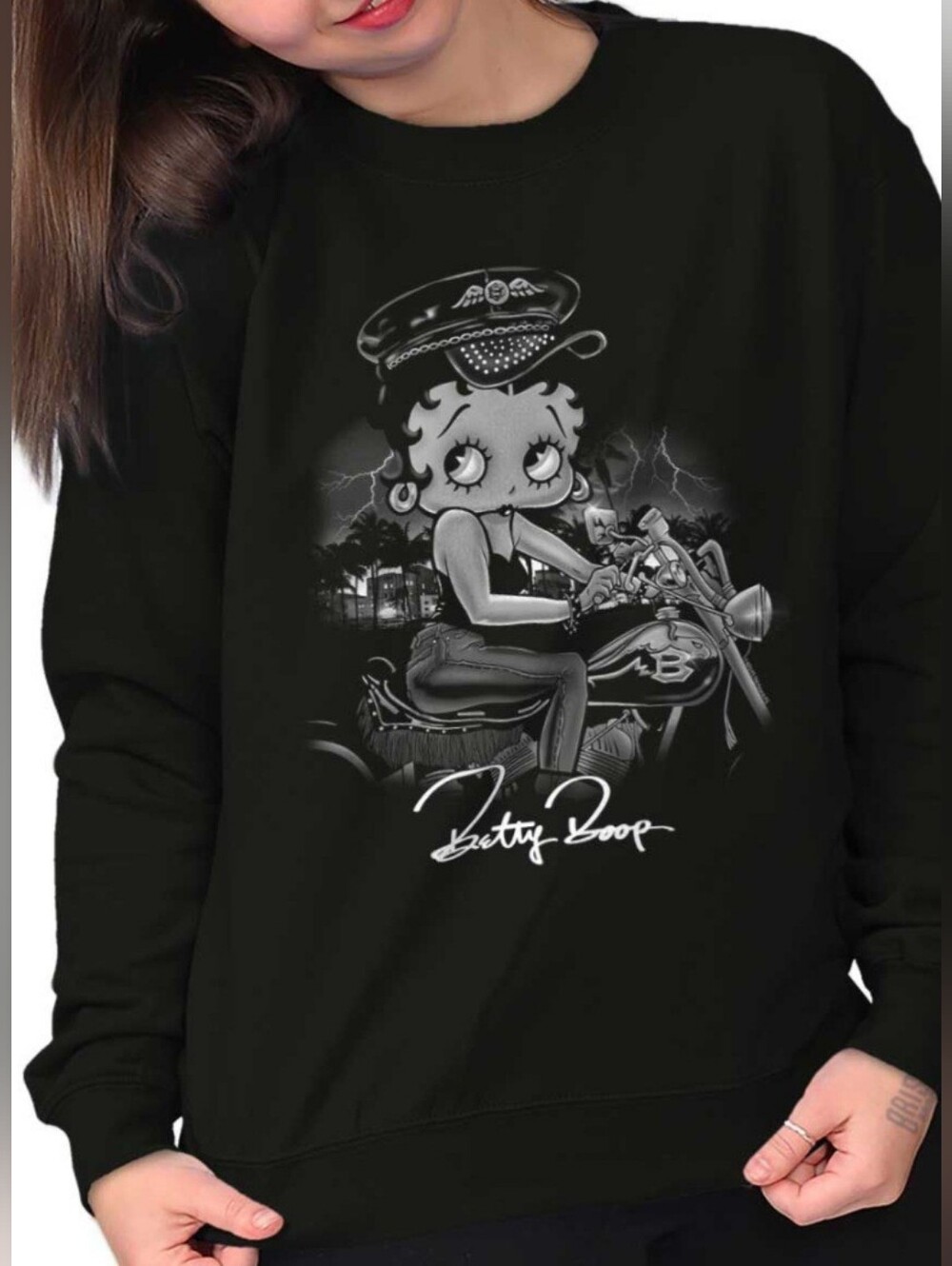 Betty Boop Vintage Retro Cartoon Biker Chick Womens Crewneck Sweatshirt 2XL